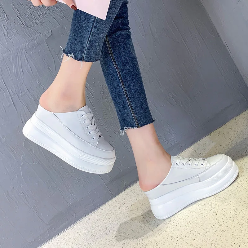 Fujin 8cm Genuine Leather Sneakers Platform Wedge Hidden Heel Booties Autumn Ankle Boots Non Slip Flats Women\'s Slippers Shoes