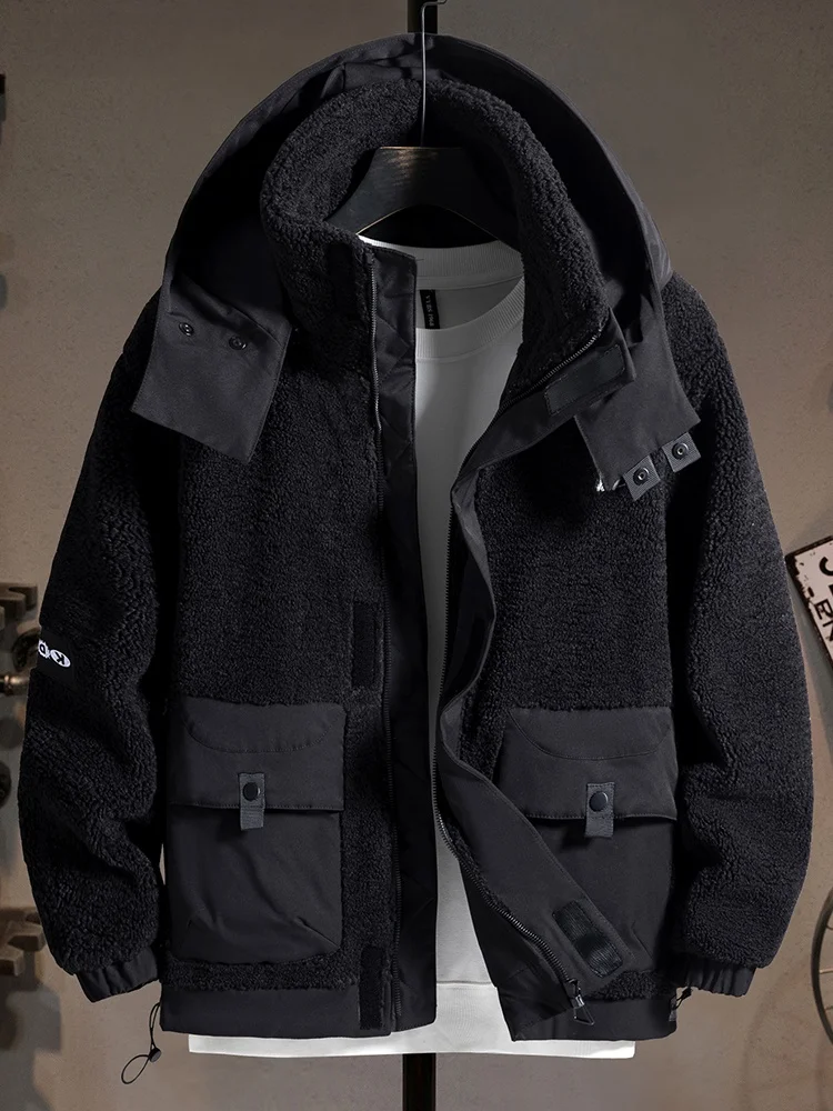

Мужская утепленная куртка с капюшоном на флисовой подкладке, свободного кроя, зимняя теплая хлопковая рабочая одежда, повседневное универсальное пальто из хлопка с отделкой из овечьей шерсти