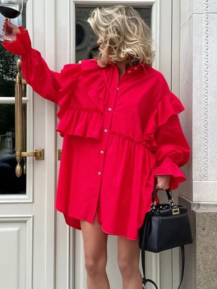 

womens fashion 2024 ruffles blouse dress long sleeve single breasted loose mini shirt dress