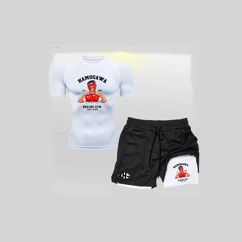 Anime 2 in 1 Shorts Mannen Sport Pak Rashguard Running T-shirt Boksen Gym Sets Training Muay Thai Doubie Dek MMA Fightwear
