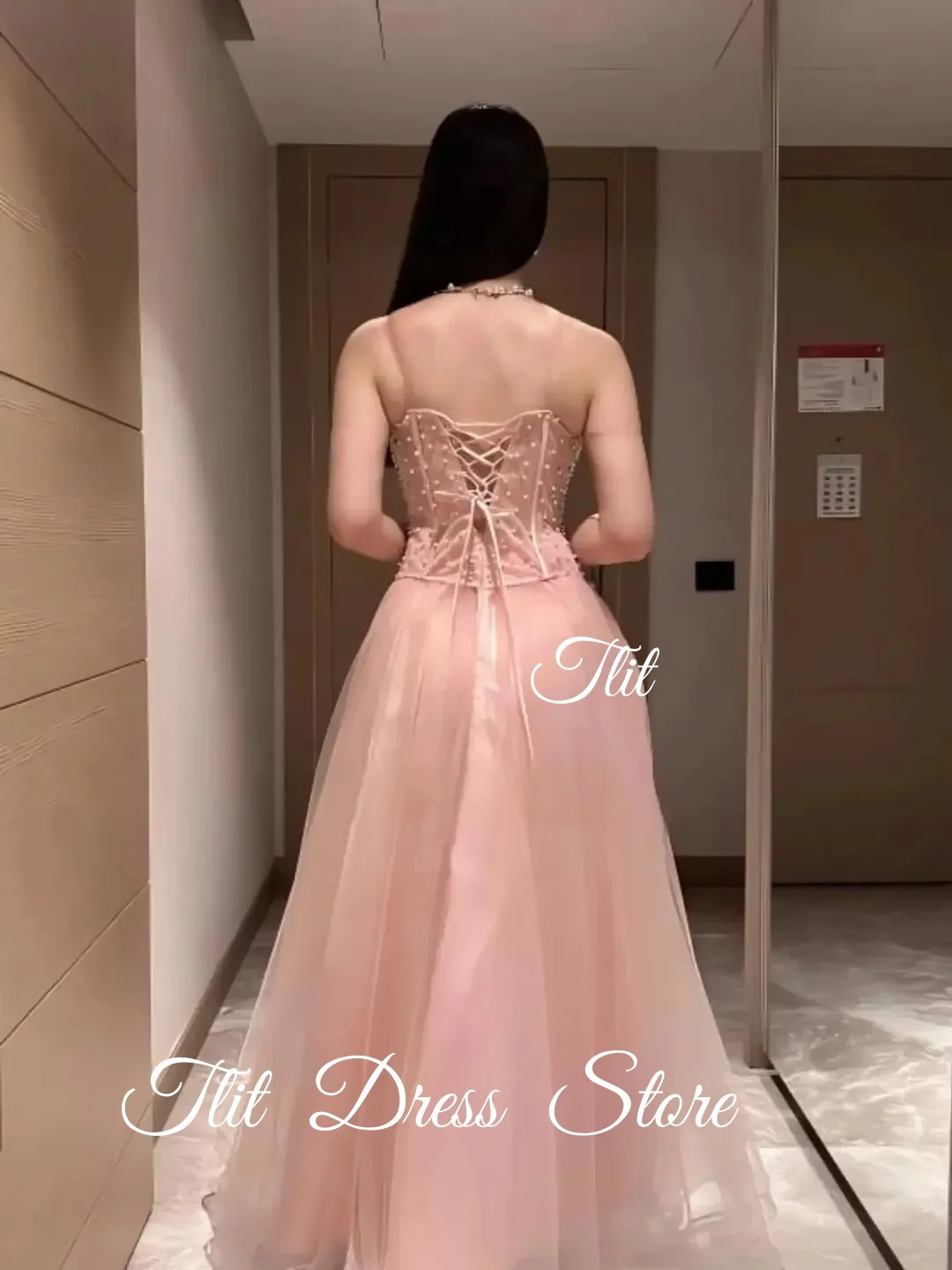 Sukienki wieczorowe TLIT w stylu vintage, w kolorze pudrowego różu, o kroju litery A, z tiulu, szyte na miarę, sukienki na bal, bez ramiączek, zdobione koralikami, perłami, gorsetem.