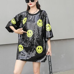 Smiling Face Short Sleeve T-shirt Women Fun Face sequined Loose tees Top