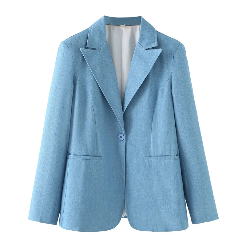 

Korean Sky Blue Short Blazers Coat Spring Autumn Women Casual Notched Collar Single Button Long Sleeve Suit Jacket Streetwear