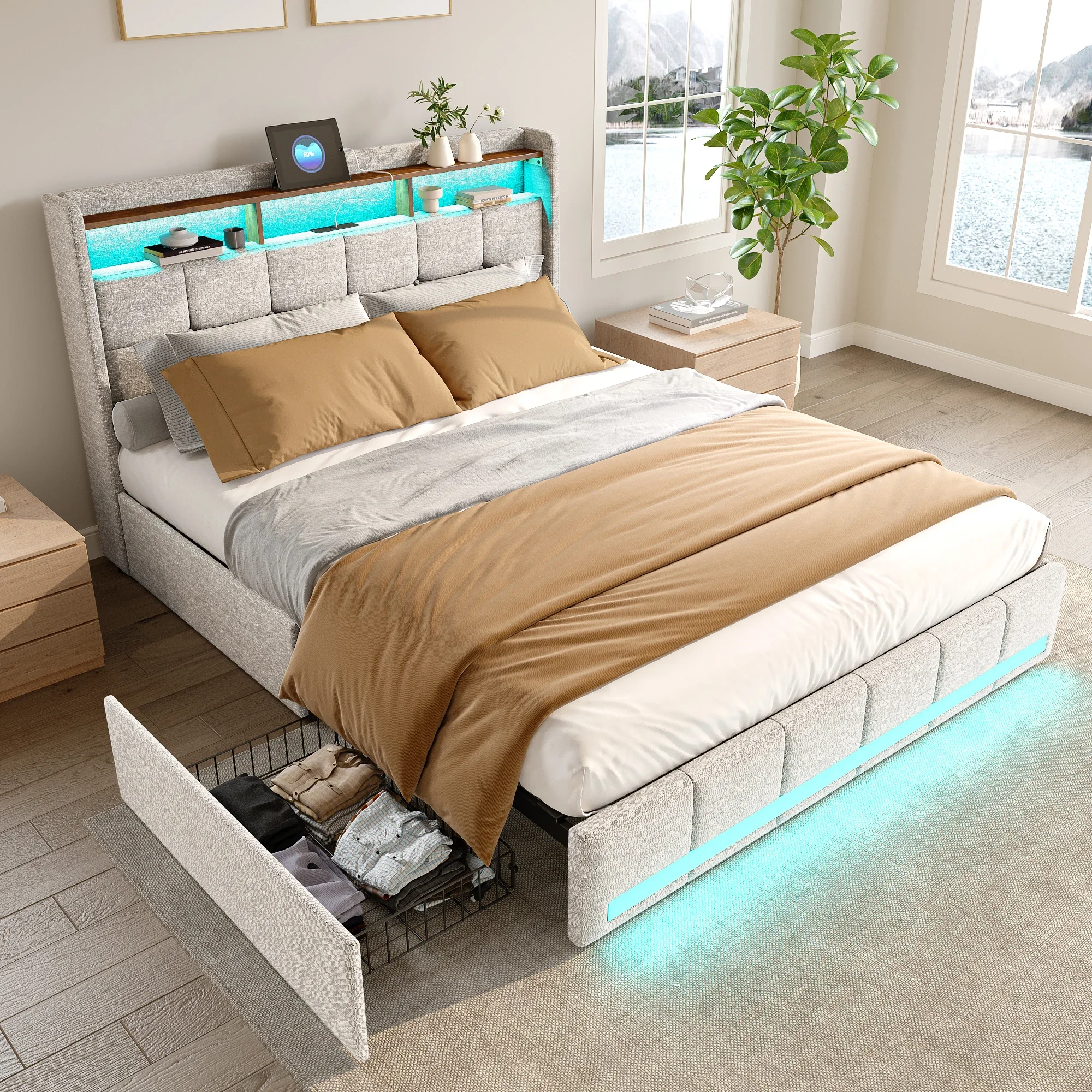 Rosahqnda Polster-Doppelbett 160 x 200 cm, Bett 180 x 200 cm mit Stauraum, Stauraumbett mit 4 Schubladen und LED-Beleuchtung