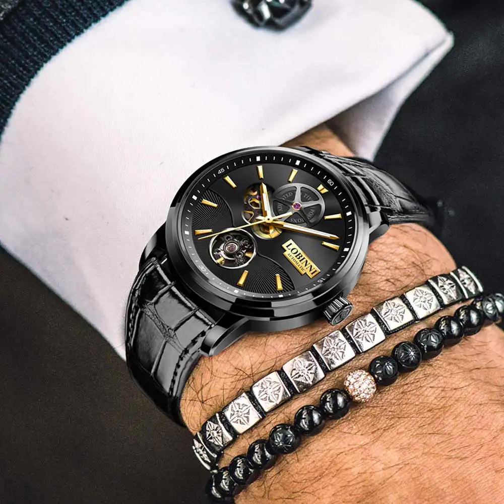 LOBINNI Hollow Out Dial Men's Leisure Classic Watch Mechanical Movement Water-resistant Luminous Automatic Watches 42mm