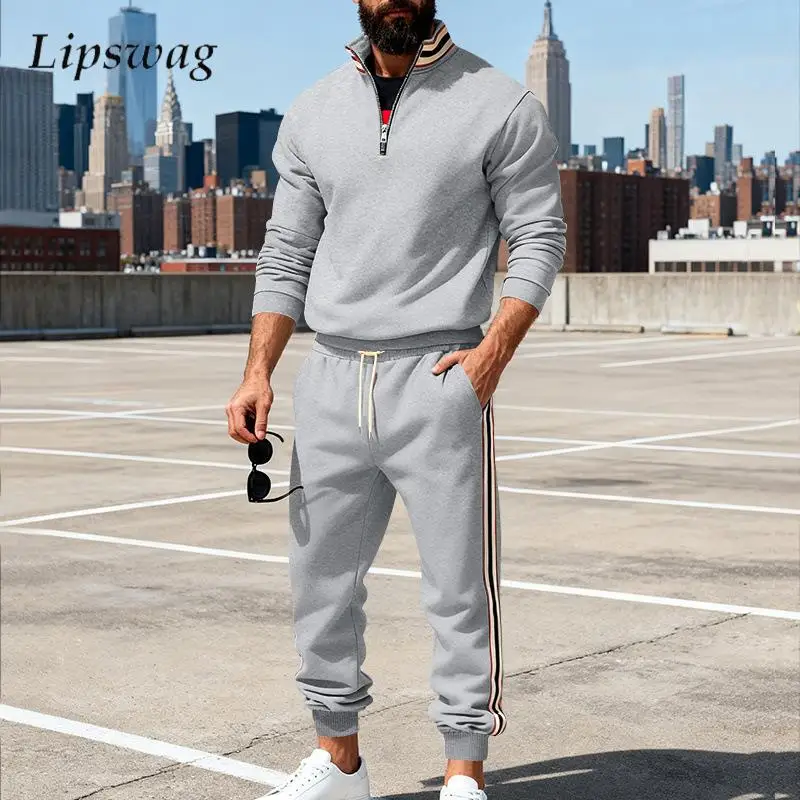 

New Casual Mens Tracksuits Autumn Winter Fashion Striped Patchwork Two Piece Sets Men Stand Collar Sweatshirt And Pants Outfits