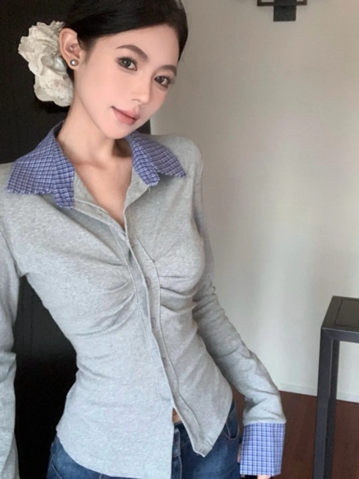 

Korean College Sle Women's Ne Long Sve Knitted Top Waist Cinched Plaid Folded Bot irt Vintage Color Blo