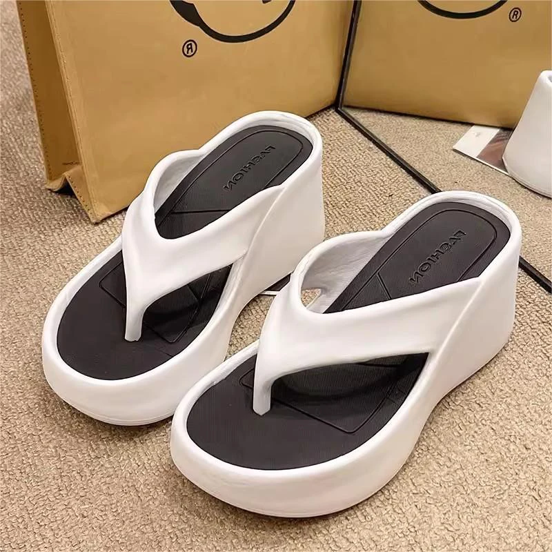 Flip-flops For Women 2024 New Summer High-heeled Thick-soled Increased Outer Wear Casual Beach Sandals