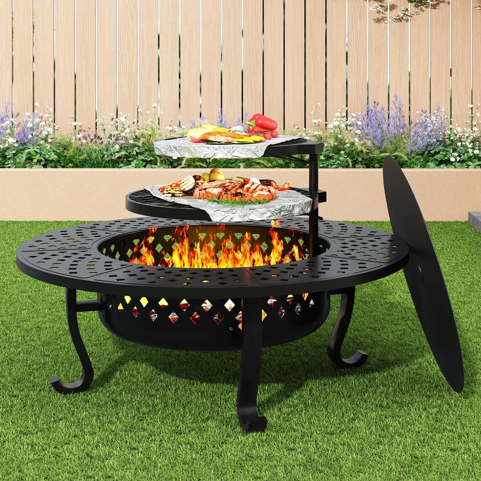 43 Inch Fire Pit with 2 Grill, Wood Burning Firepit with Lid