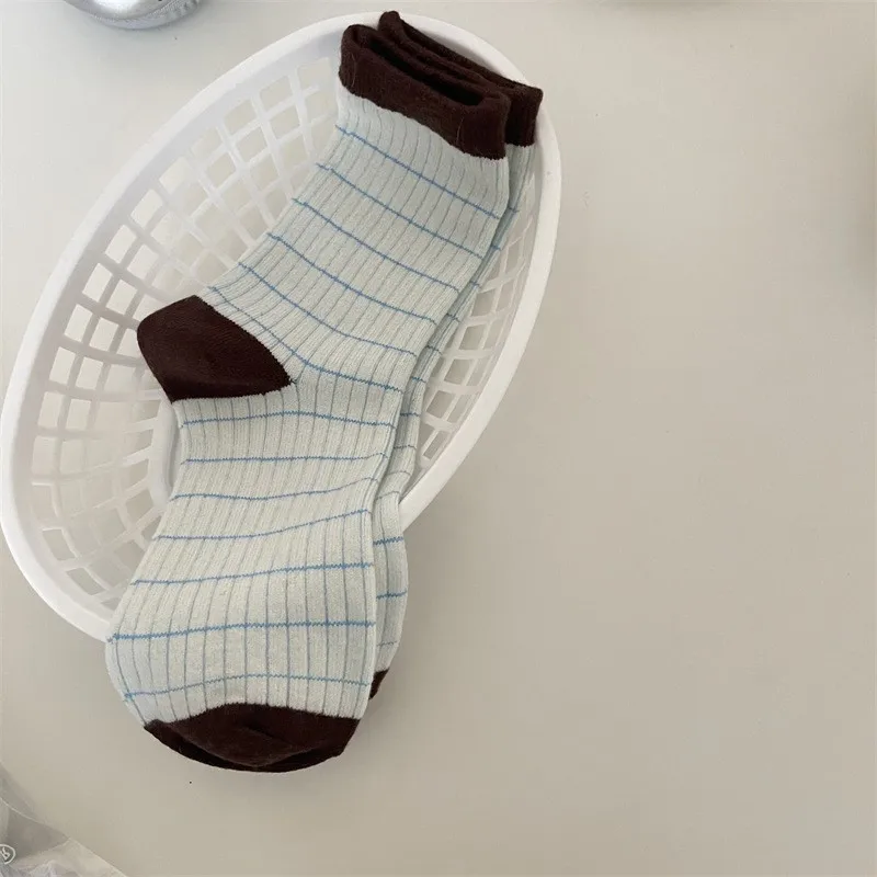 

Women's Rabbit Fur Striped Socks,Korean Style,Simple Color-blocked Soft Mid-calf Socks