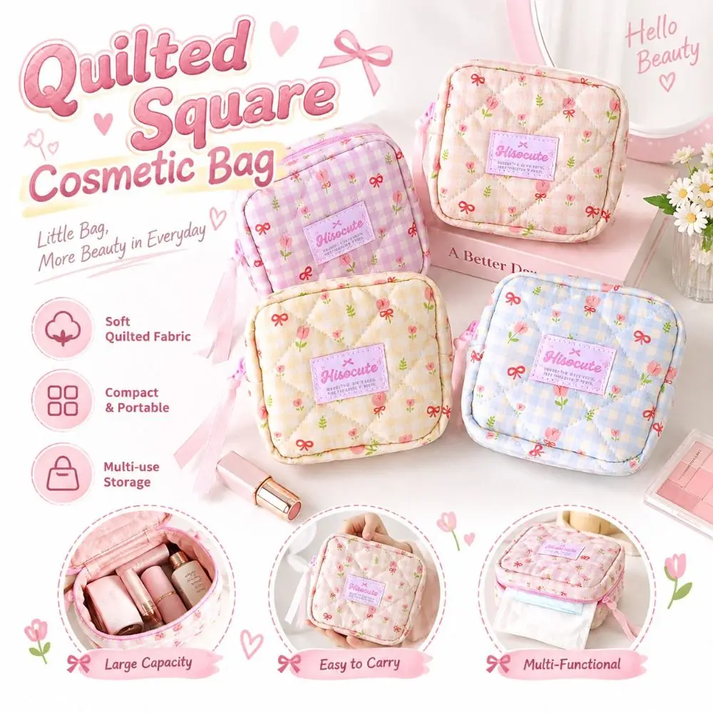 New Quilted Square Cosmetic Bag Ribbon Bow Decor Floral Print Plaid Makeup Pouch Portable Zipper Closure Storage Bag Daily Use