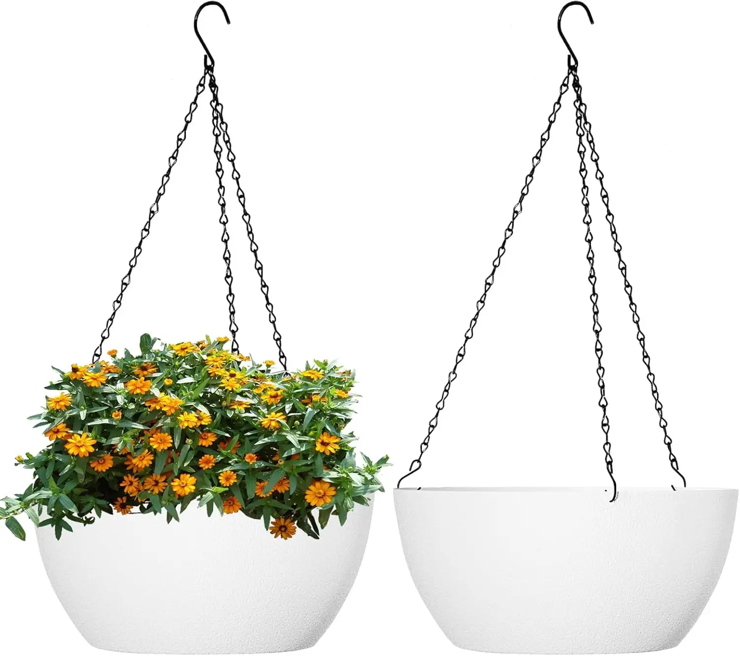 

10 Inch Hanging Planters with Drainage Holes and Chain, 2 Pack Round White Pots for Indoor Outdoor Garden Decor