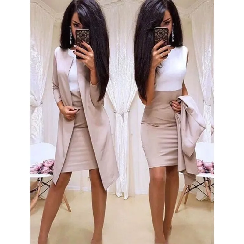 Business Women Dress Suits Solid Color Cardigan High Waist Dresses Sets Stitching Blazer Sets Long Coat Sets