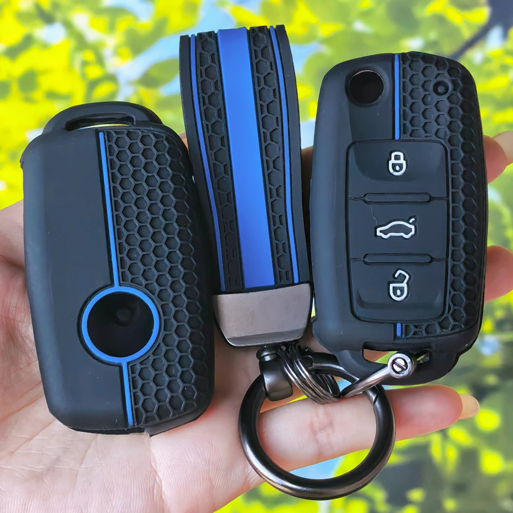 Honeycomb Texture Silicone Flip Key Case with Keychain for VW UP Polo Golf 6 Passat B5 Caravelle Touareg Skoda Fabia Octavia A5