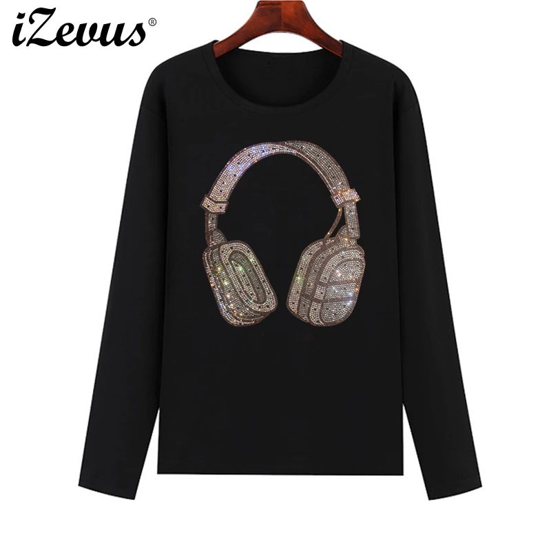 High-quality diamond headphones fall and winter ladies long-sleeved cotton casual bottoming T-shirt S-4XL