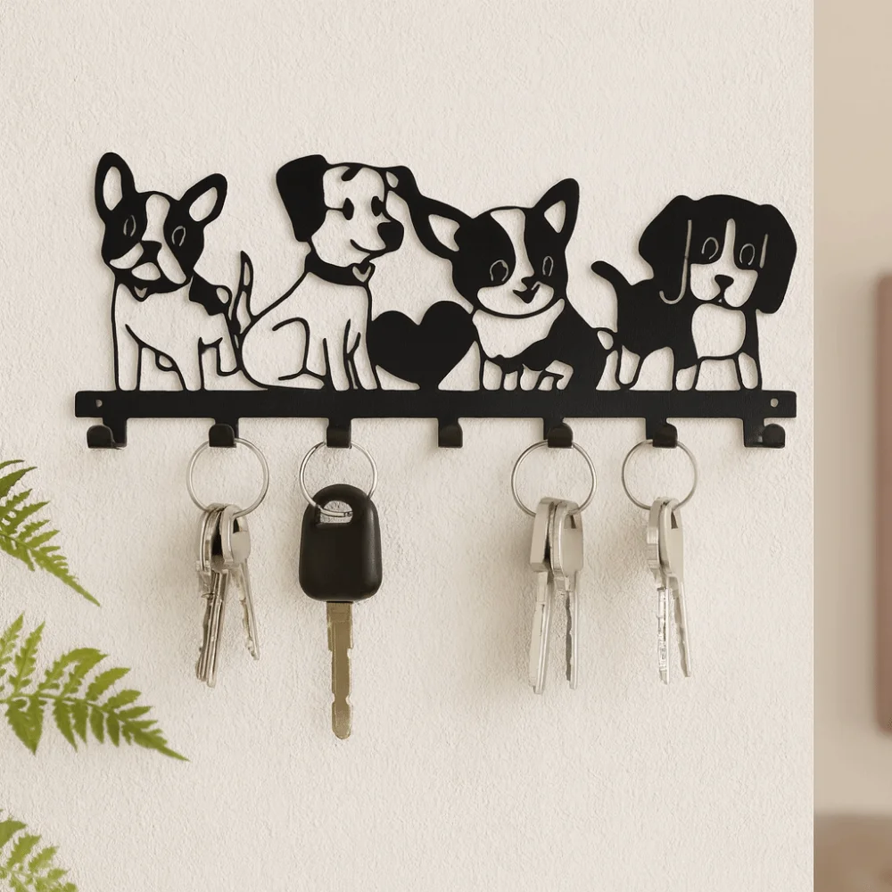 Platzsparender nordischer Hunde-Wandhaken aus Eisen, schwarz, Kleideraufbewahrungsregal, Wandmontage, 7 Haken, Cartoon-Hundemantelhaken für den Haushalt
