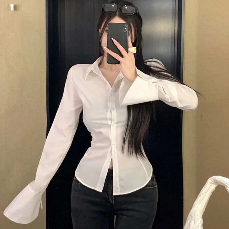 Lucyever 2024 Fashion Spring New Lace Up Shirts Women Korean Style Slim Bandage White Shirt Woman Button Up Long Sleeve Blouse