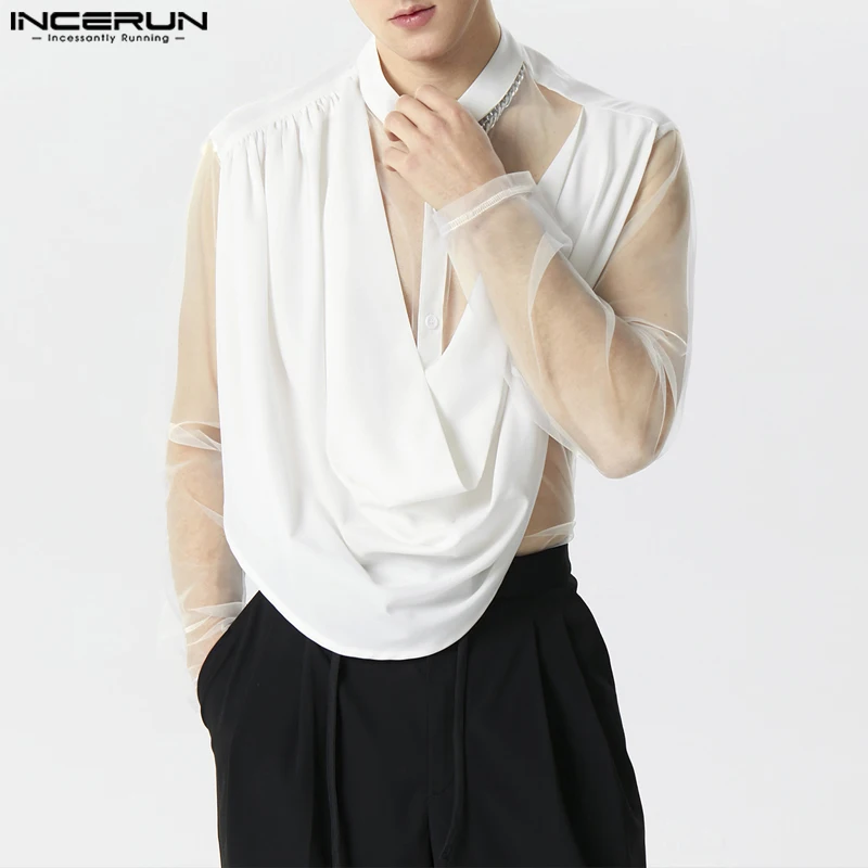INCERUN Men's Irregular Shirt Mesh Patchwork Stand Collar Long Sleeve Camisas Streetwear Transparent 2024 Fashion Men Clothing