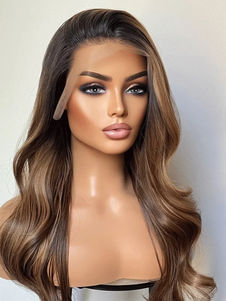 

Heat Safe Synthetic Lace Front Wig With Black Roots and Bronzy Blonde Highlights 24 Inches Bouncy Wavy Wig For Women Realistic