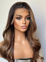 Heat Safe Synthetic Lace Front Wig With Black Roots and Bronzy Blonde Highlights 24 Inches Bouncy Wavy Wig For Women Realistic