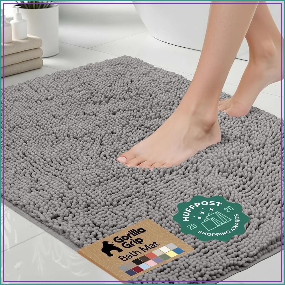Thick Soft Absorbent Chenille Bath Rug, Quick Dry Microfiber, Non-Slip Rubber Backing, Machine Washable Bathmat, 24x17 Grey