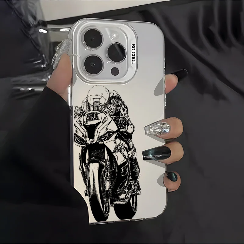 

Motorcycle Rider Simple Black and White Phone Case for iPhone 17 16 11 15 14 13 12 Pro Max Plus air back cover