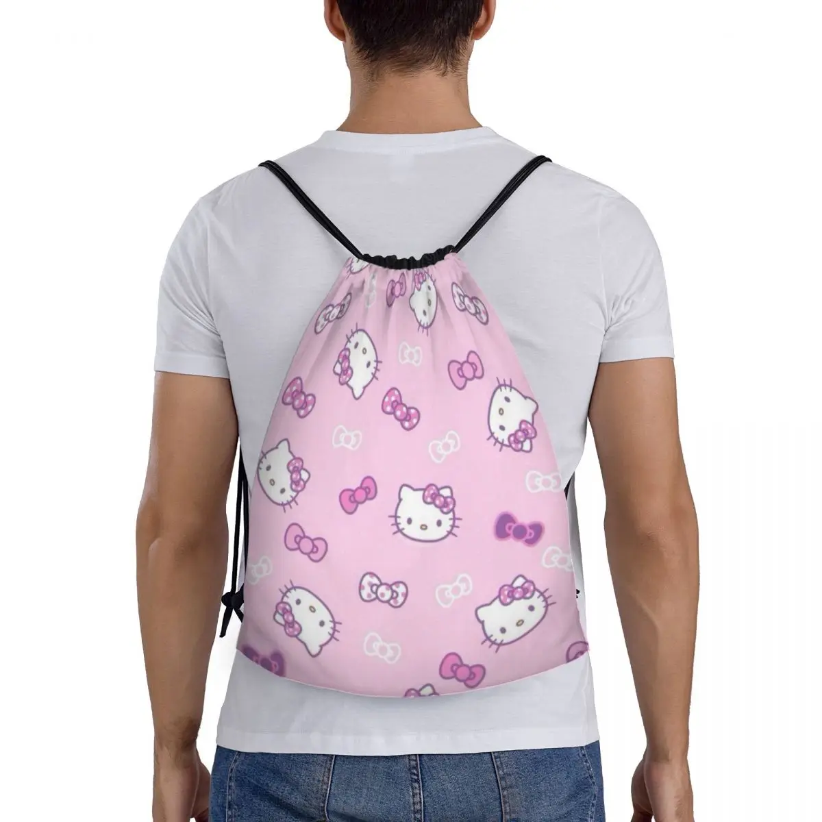 Hello Kitty Portable Sports Bag Thicken Drawstring Belt Riding Backpack Gym Drawstring Shoes Bag Clothes Backpacks