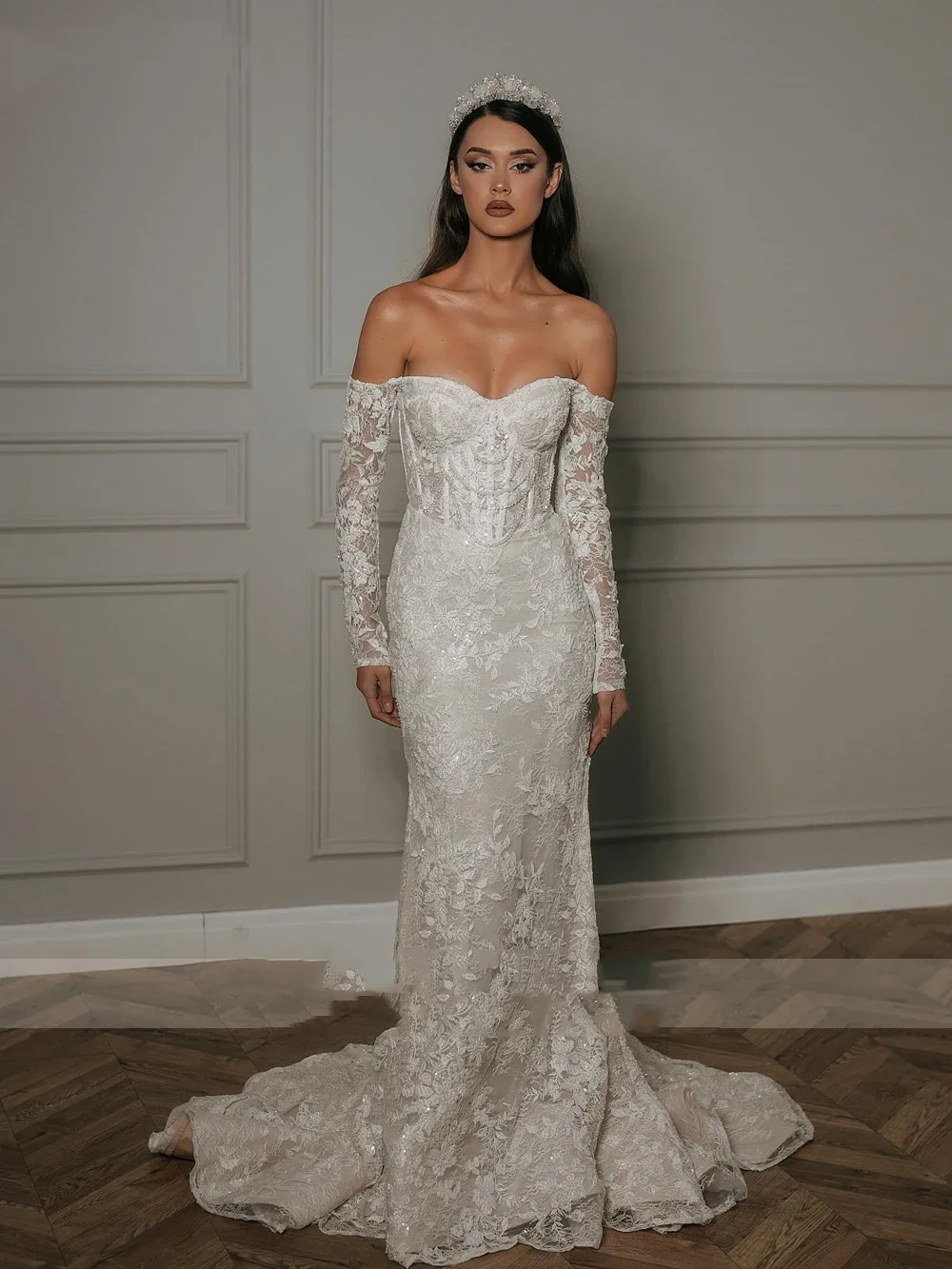 

Flavinke Customzied Elegant Full Appliques Sweetheart Mermaid Wedding Dresses Off the Shoulder Long Sleeves Trumpet Bridal Gowns