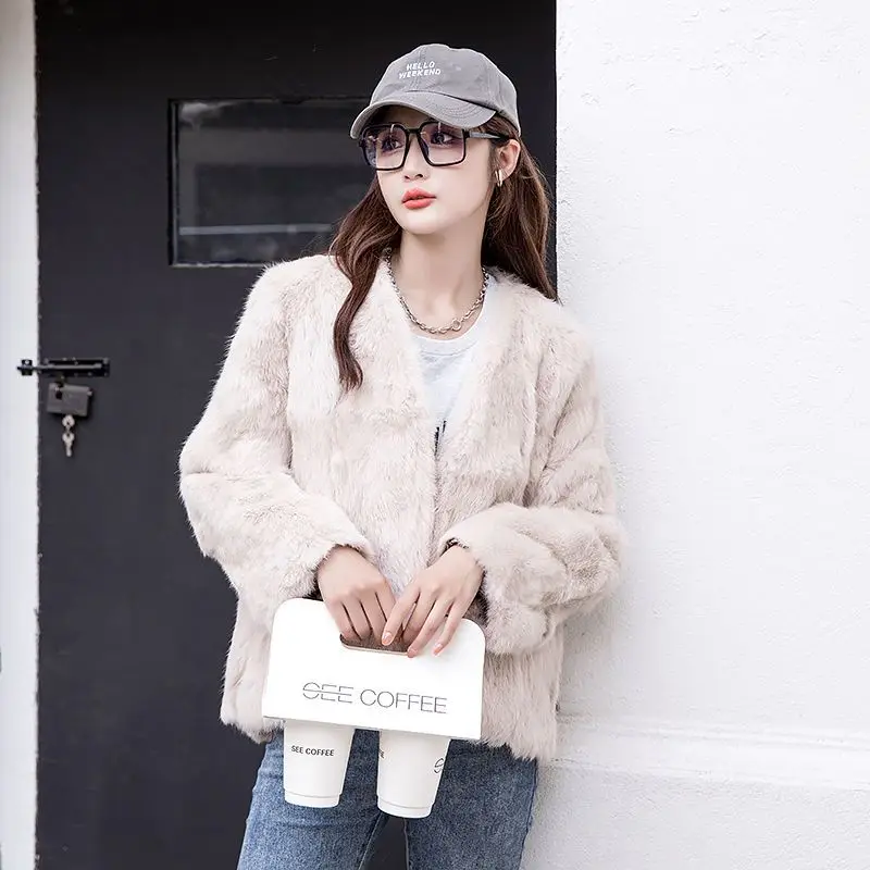 V-Neck Long Sleeved Rabbit Fur Coat Solid Color Slim Fashion Casual Coat 2023 Autumn Winter Female Fur Double-faced Real Fur