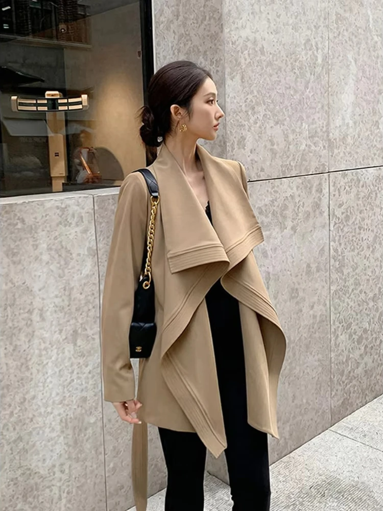 New Spring Autumn Fashion Collared Ruffled Tie Short Trench Coat Women Elegant Windbreaker Coats Women Vintage Length Outerwear
