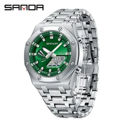 SANDA Dual Display Electronic Watches Men's Quartz Wristwatches Back Light Shock Resistant LED Repeater Auto Date Calendar