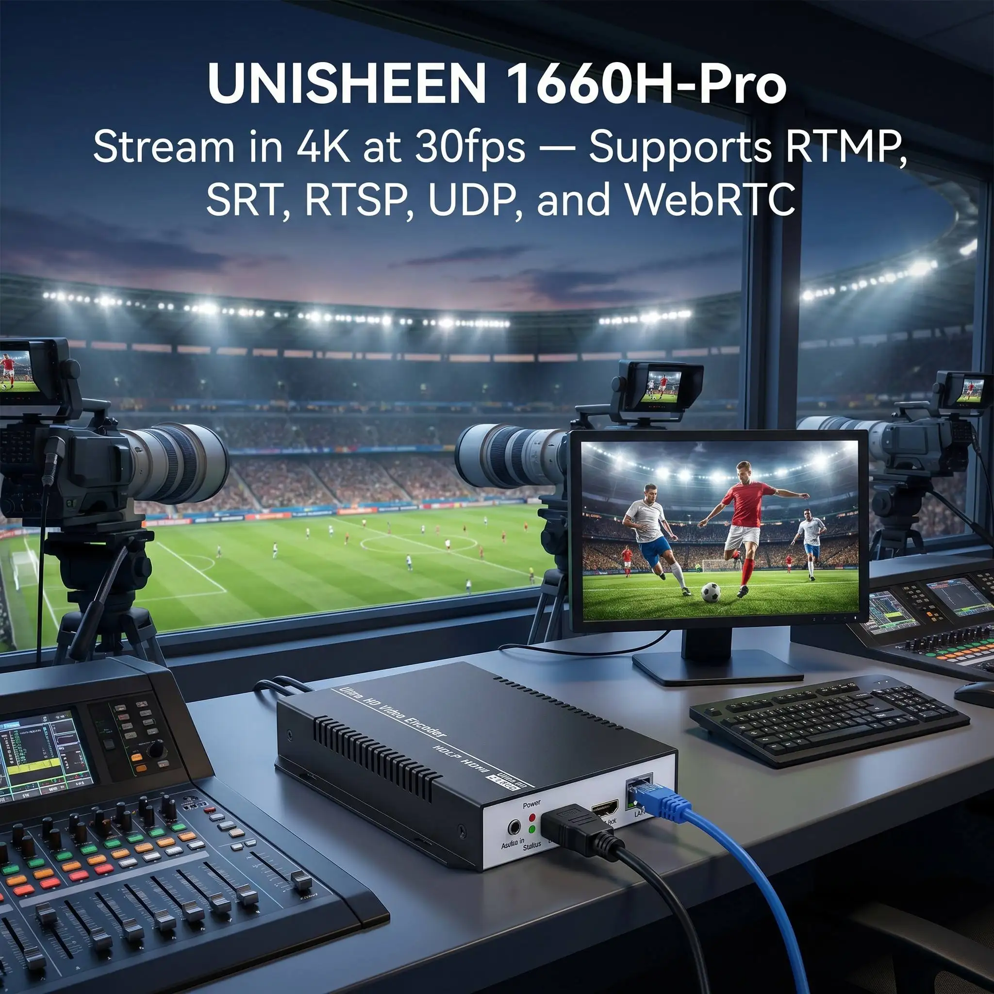 Codificador de Video UNISHEEN 4K 30fps con Salida HDMI, H.265 SRT RTMP RTSP para Transmisión en Vivo a YouTube, Facebook, Wowza, vMix, PoE
