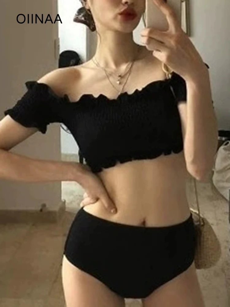 

OIINAA Black Swimsuit Women Slash Neck Ruffled Bikini Set Two-piece Pleated Beachwear Summer 2025 New Korean Sexy Bathing Suit