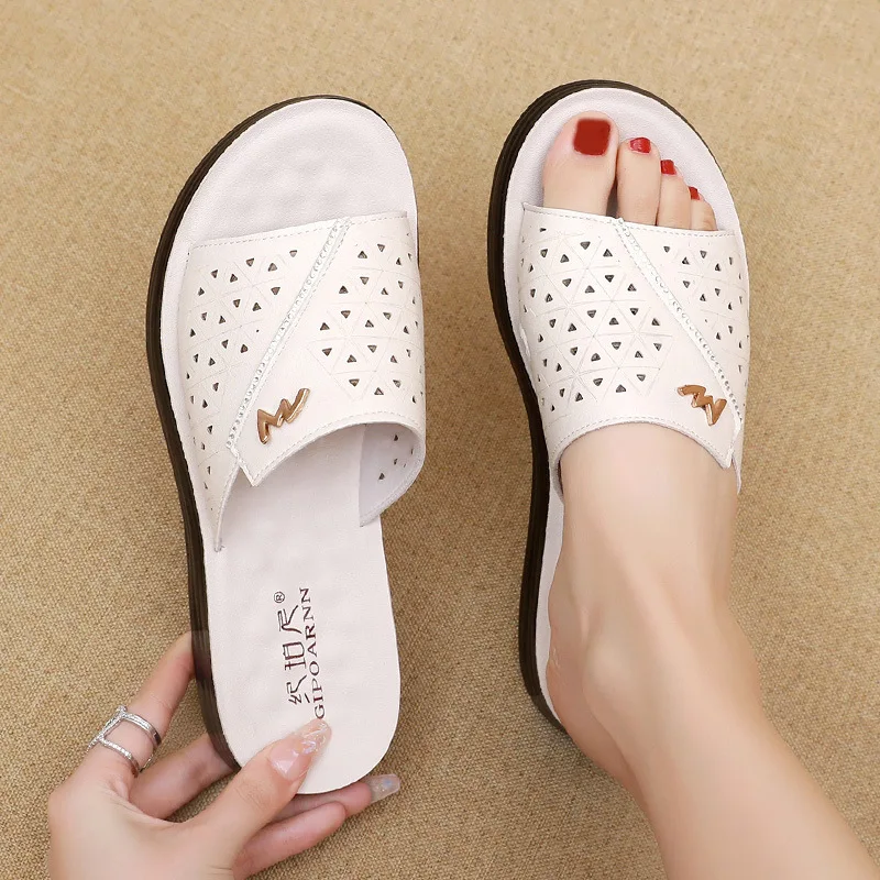 Women Sandals Summer Fashion Leathe Open Toe Round Toe Wedges Sandals Shoes Women Beach Casual Slipper Low Heels Walking Sandals