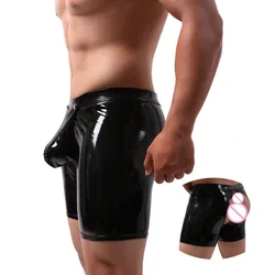 Men Long Boxer Shorts Sexy Big Penis Bag Panties Patent Leather Buttons Erotic Hollow Gay Underwear Brand Long Leg Underpants