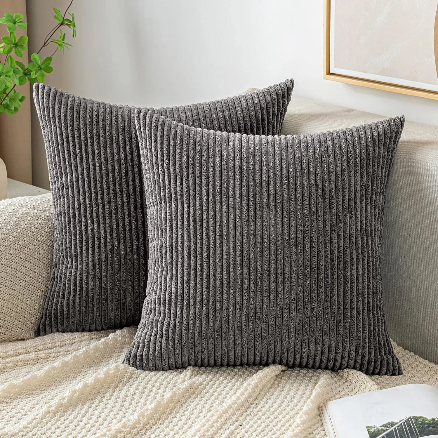 Modern Throw Pillow Covers 45x45cm Dark Gray Corduroy Striped Square Sofa Bedroom Living Room Spring Farmhouse Boho Home Decor