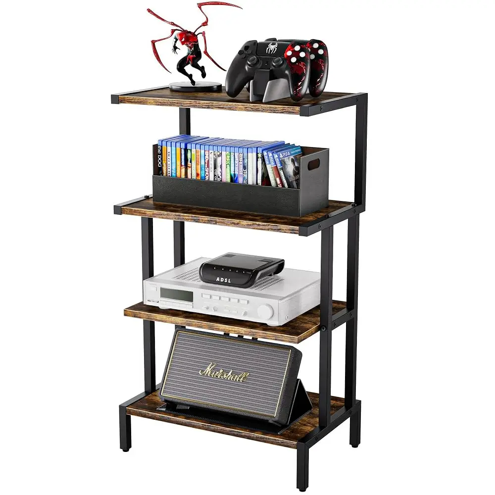 

4 Tier Corner Av Media Stand, Stereo Rack, Video Game Console Stand For Living Room Gaming Room Music Studio, Rustic Brown