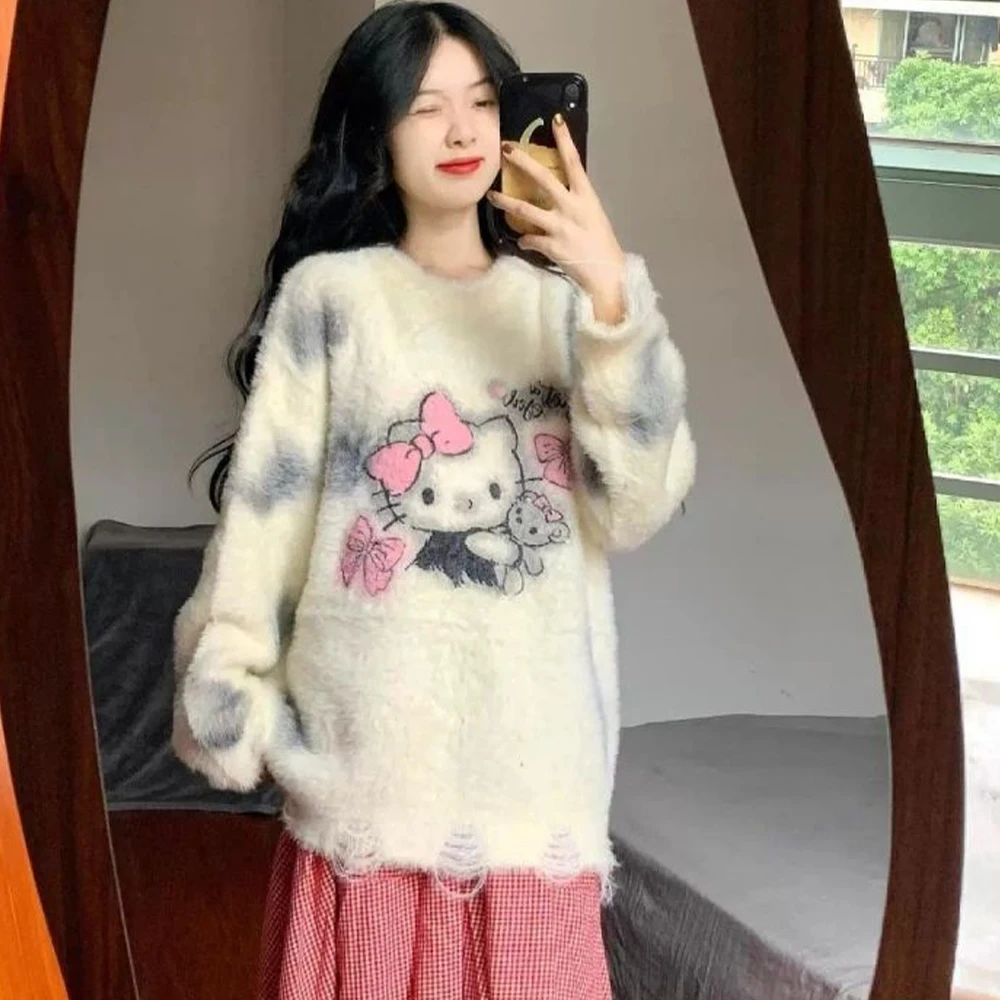 

Свитер «Hello Kitty» с героями мультфильмов Kawaii Sanrioed, аниме, свободные вязаные топы в стиле ретро, Y2K, милый свободный свитер для девочек и студентов