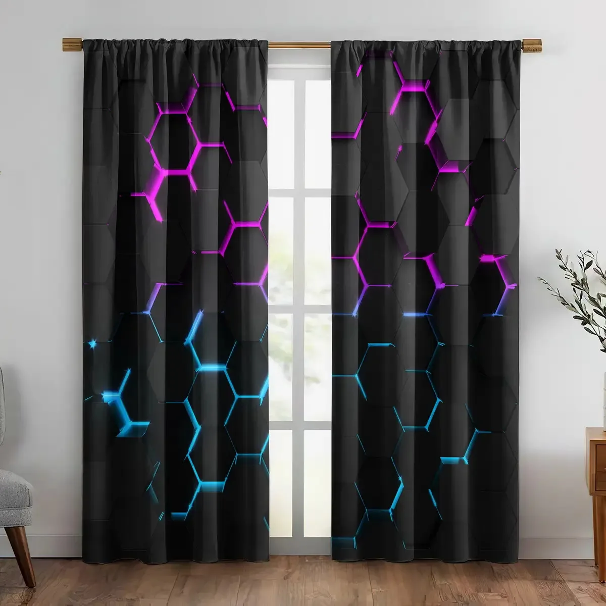2pcs Modern Geometric Neon Black Abstract Hexagonal Curtains Pair for Living Room Window Blackout Home Decor Drapery
