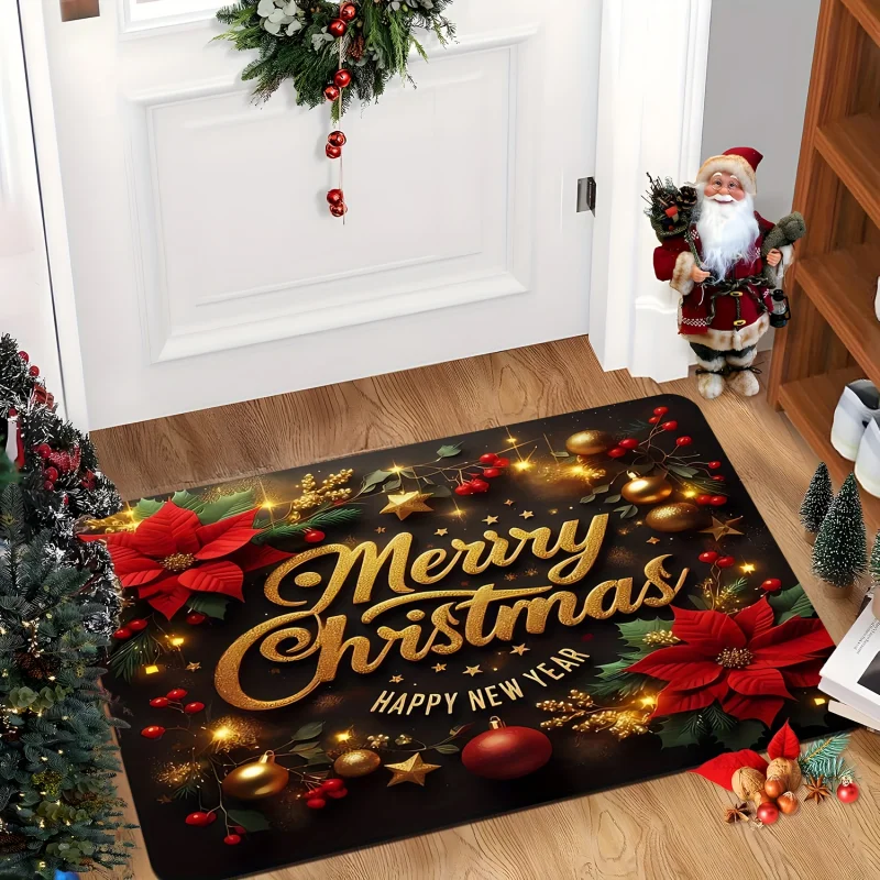 VIKAMA Poinsettia Christmas Ball Xmas Doormat Washable Non Slip Rug Indoor Outdoor Entrance Mat Christmas Holiday Home Decor
