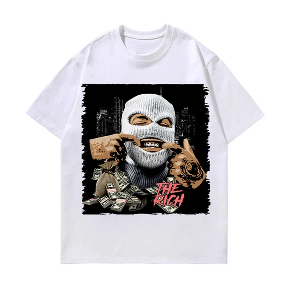 Men Fashion Hood Gangster Print Big Size Short Sleeve Tops Summer Clothes Mens Vintage Loose T-shirt Y2K Hip Hop T Shirts