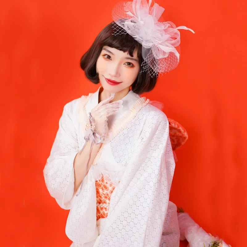 

Women's White Lace Taisho Kimono Yukata Set Double Layers Casual Cosplay Costume Vintage Photography Dress Japanese Style