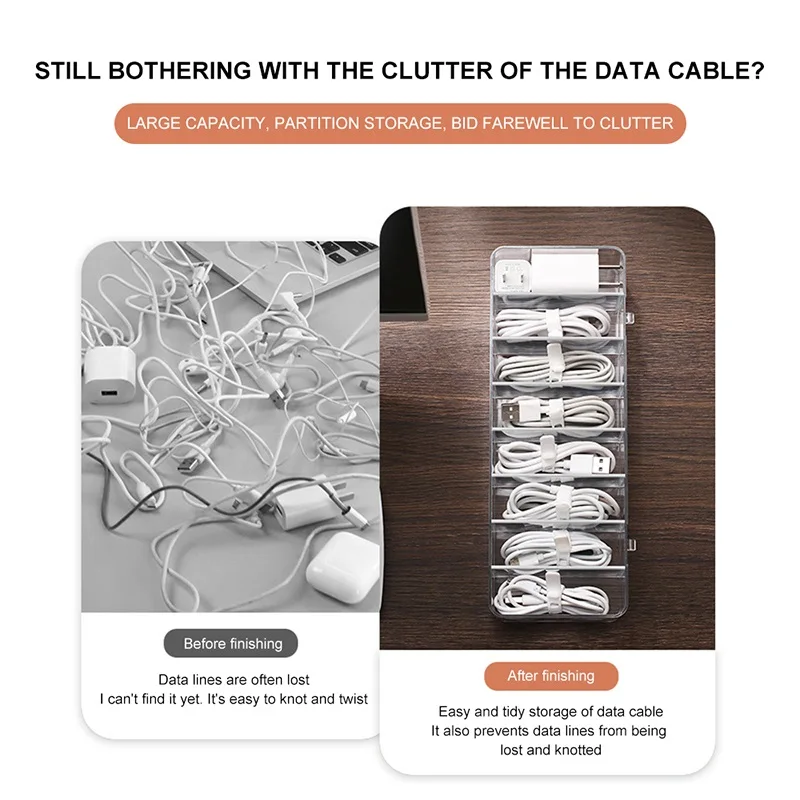 Cable Storage Box Transparent Plastic Data Line Storage Container for Desk Stationery Makeup Organizer, Key and Jewelry Box
