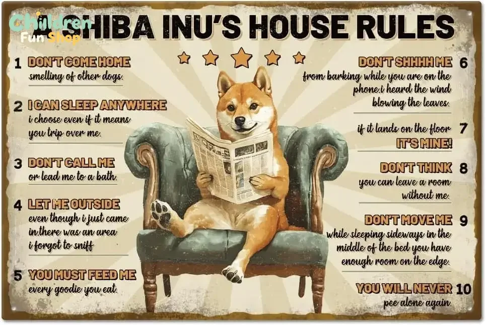 Shiba Inu's House Rules Tin Sign, Funny Dog Wall Decor,  --Tin Sign