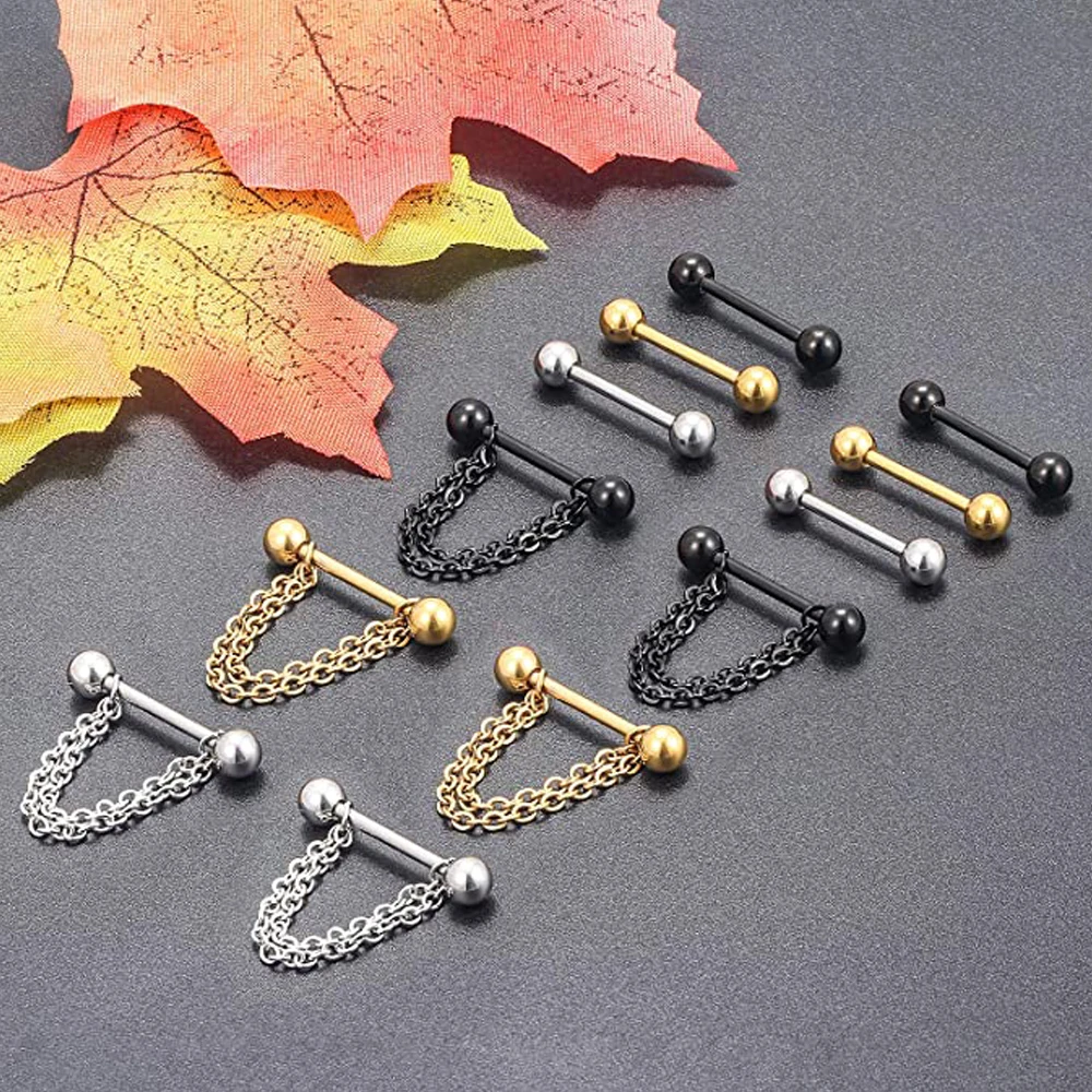 6 Pairs Nipple Rings 14G Surgical Steel Chain Dangle Nipple Shield Barbell Piercing Nipplerings Bar Jewelry for Women Men Kit image 5