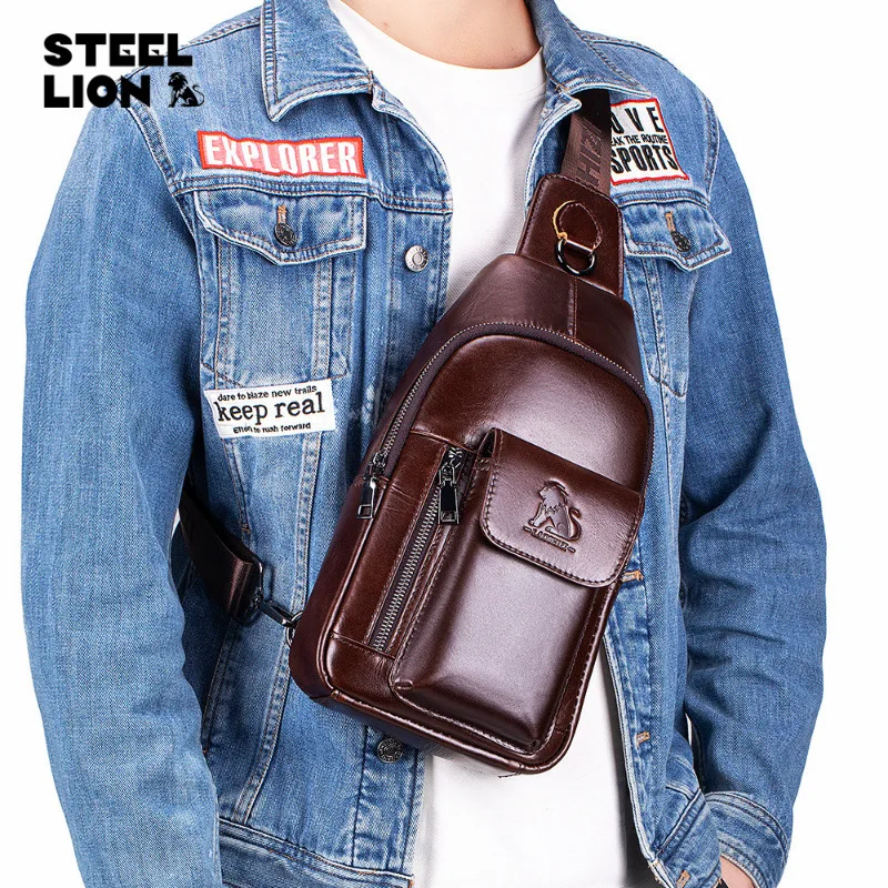 

Men's head layer cowhide chest bag men's leather one shoulder across the chest inserted mobile phone storage shoulder bag