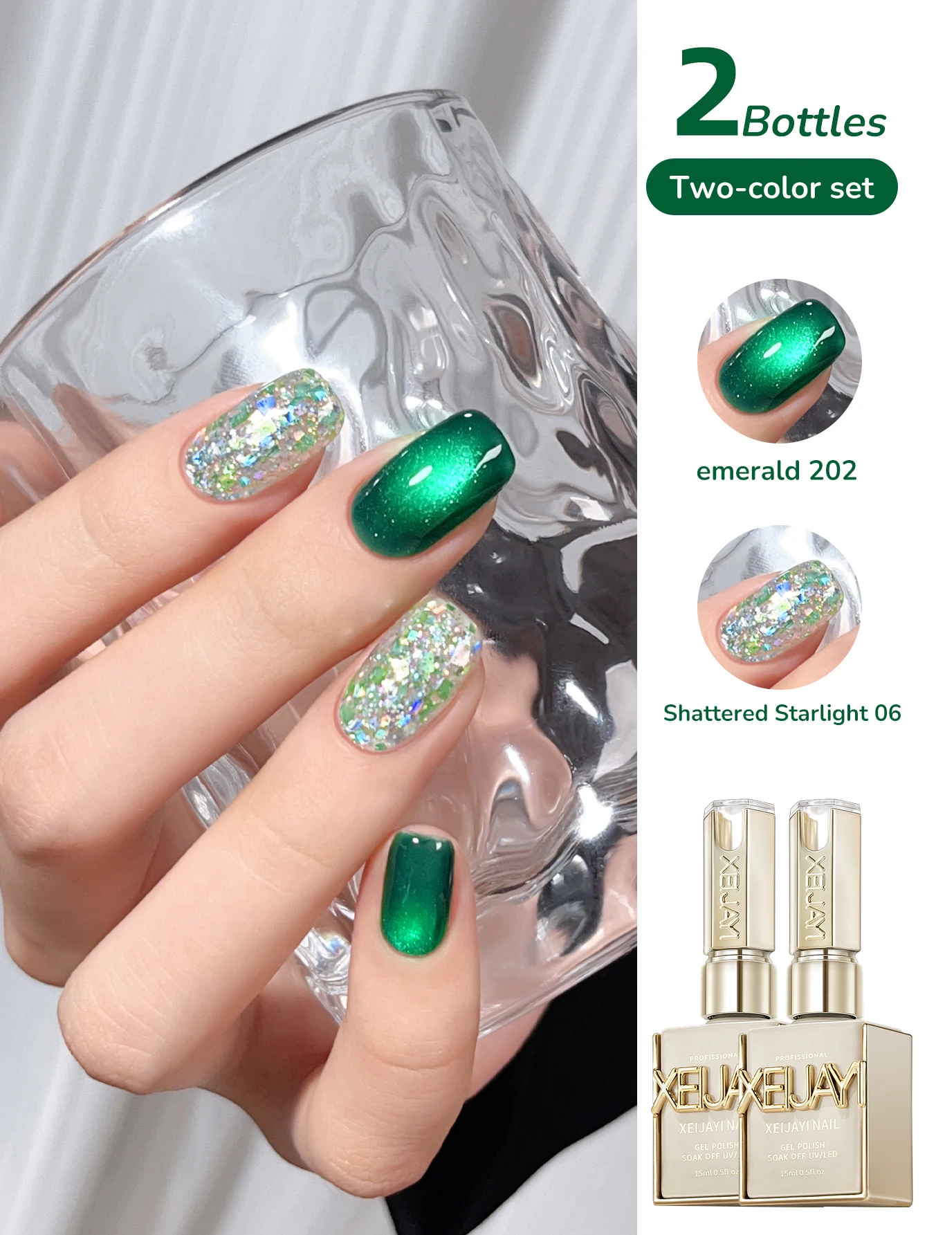 XEJAYI 2Pcs 15ml 그린 고양이 눈 젤 매니큐어 세트, UV LED 담그는 네일 젤, 반영구적, DIY 살롱 품질 네일 아트 젤