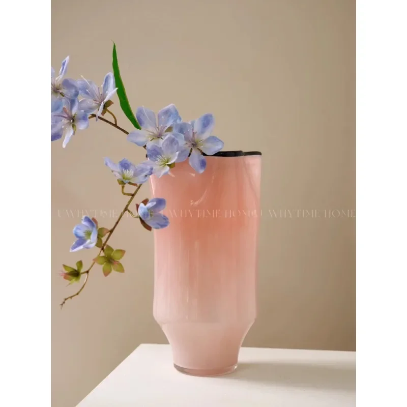 Nordic gentle jade pink black edge wrinkled new Chinese high-grade handmade glazed glass vase living room entrance flower arrang