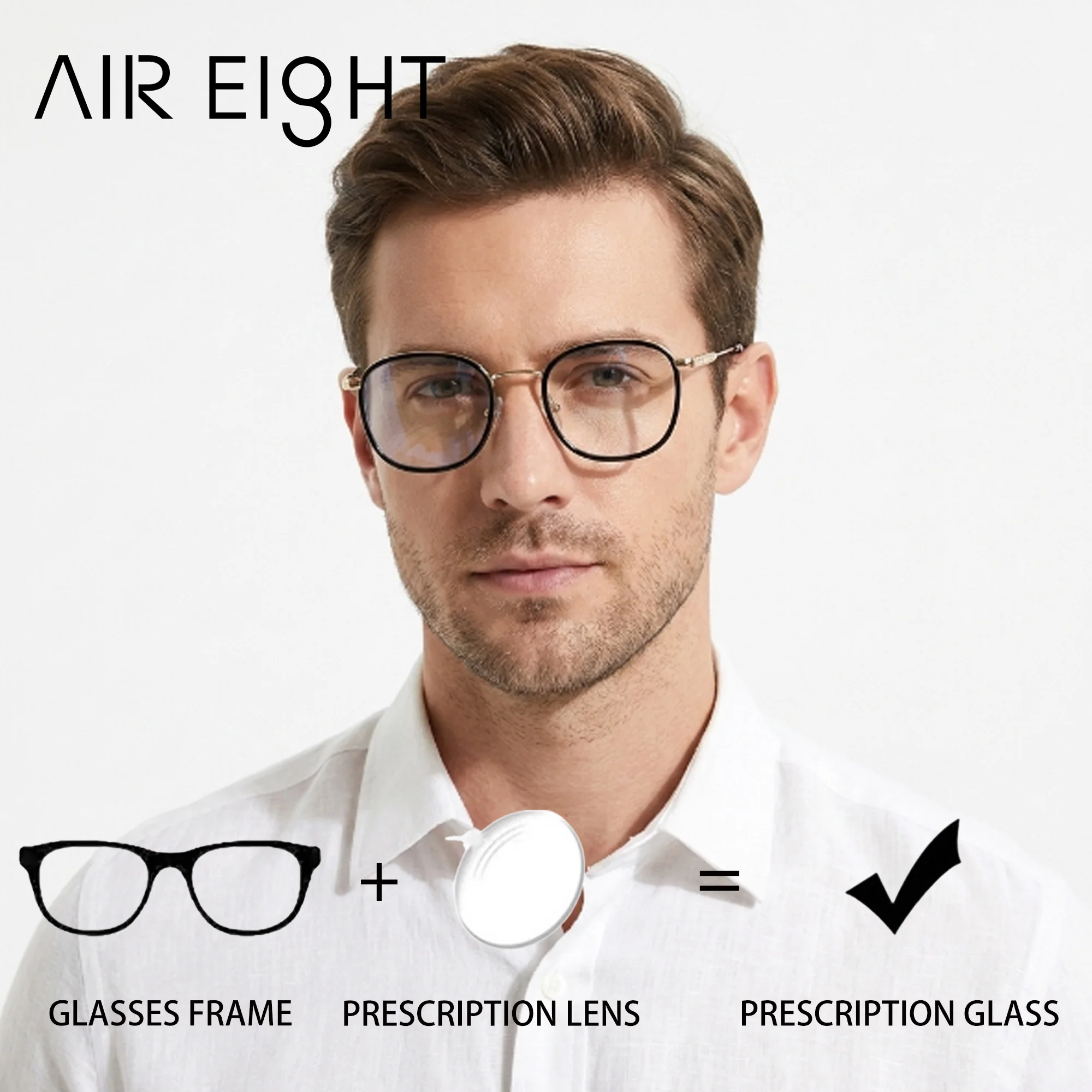 AIR EIGHT S Size Square Metal for Men Prescription Glasses Myopia Lenses Photochromic Anti-Blue Ray Custom Eyewear