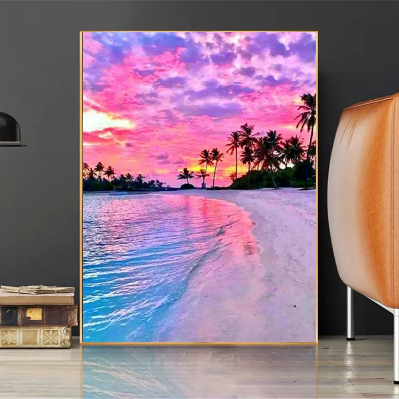 5D Sunset Landscape Diamond Painting Seaside Coconut Tree Diamond Embroidery Full Drill Mosaic Rhinestone Pictures Home Decor